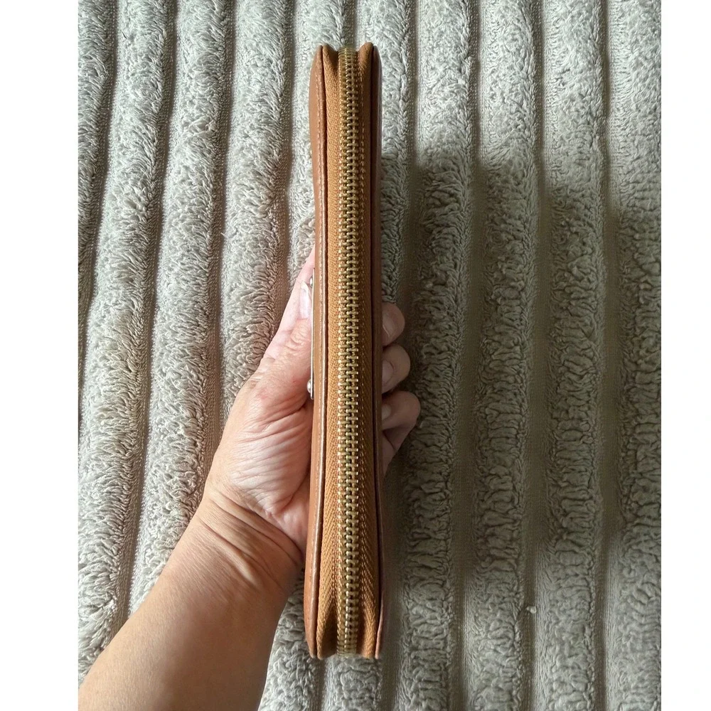 Michael Kors Tan Pebbled Leather Zip Around Continental Wallet Gold Logo Plaque